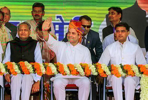 Congress party's Jaipur jeopardy: In this file image Rahul Gandhi waves to the crowd as Ashok Gehlot and Sachin Pilot looks on during a rally. (Photo | PTI)