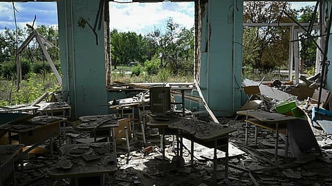 The village school in Ukraine's Mykolaiv region has been gutted from repeated shelling. (Photo | AFP)