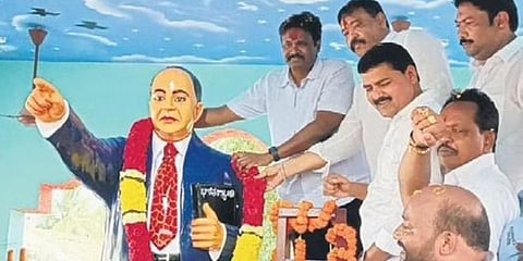 Additional DGP (CID) and Ambedkar India Mission (AIM) founder president PV Sunil Kumar inaugurates BR Ambedkar temple at Patharlapalli in Srikakulam district on Sunday. (Photo | Express)