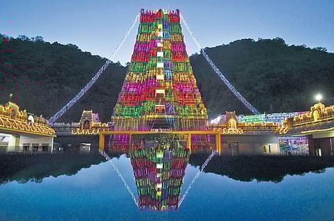 Kanaka Durga temple illuminated ahead of Dasara celebrations in Vijayawada on Sunday | Prasant Madugula