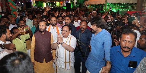 JP Nadda addressed the inauguration ceremony of the BJP District Office in Thycaud, Kerala. (Photo | Twitter, @OfficeofJPNadda)