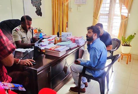 Arrest of actor Sreenath Bhasi being recorded at Marad Police station in Ernakulam. (Photo | A Sanesh, EPS)