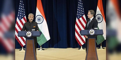 India's Foreign Minister Subrahmanyam Jaishankar speaks during a press conference with Secretary of State Antony Blinken at the State Department in Washington. (Photo | PTI)