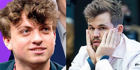 American grandmaster Hans Niemann and World Champion Magnus Carlsen. (Photo | Twitter/ PTI)
