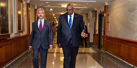 Washington: External Affairs Minister S Jaishankar with US Secretary of Defense Lloyd Austin at the Pentagon in Washington. (Photo | PTI)