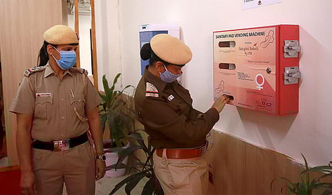 In this representational image, a sanitary napkins dispensing machine seen at RK Puram Police Station in New Delhi. (Photo | Shekhar Yadav, EPS)