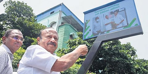 Agriculture Minister MRK Panneerselvam inaugurates an LCD screen at the Kuralagam campus in Chennai on Tuesday | R Satish Babu