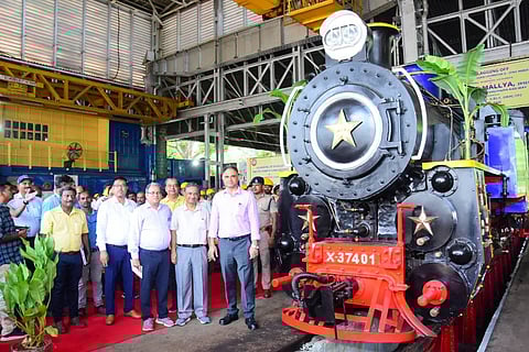 Southern Railway GM BG Mallya with chief workshop manager Shyamadar Ram and senior officials at the launch. (Photo | Special Arrangement)