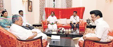 MK Stalin during his meeting with Pinarayi Vijayan | express
