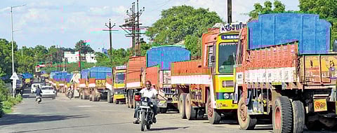 Several lorries were parked along the goods yard road on Friday | M K Ashok Kumar
