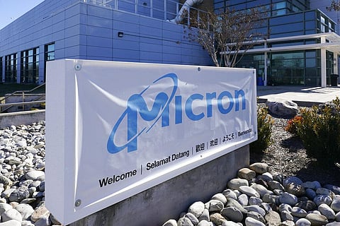 A sign marks the entrance of the Micron Technology automotive chip manufacturing plant on Feb. 11, 2022, in Manassas, Va. (Photo | AP)