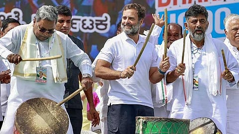 Congress leader Rahul Gandhi with Karnataka Chief Minister Siddaramiah and Deputy Chief Minister DK Shivakumar