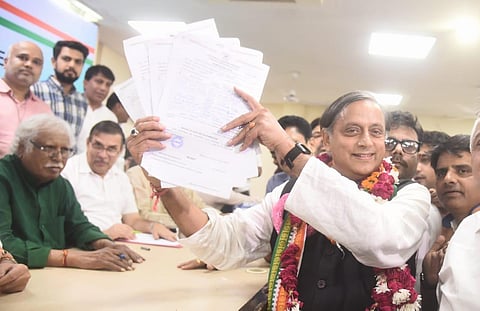 Congress senior leader Shashi Tharoor submits his nomination papers for the upcoming AICC Presidential elections. (Photo | Parveen Negi, EPS)
