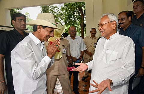 Bihar CM Nitish Kumar with Telangana counterpart K Chandrashekar Rao during a meeting in Patna, on August 31, 2022. (Photo | PTI)