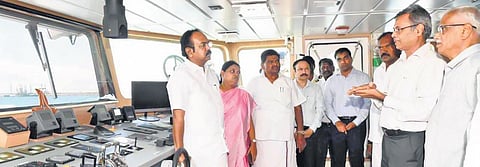 Ministers Thangam Thennarasu & Geetha Jeevan aboard the ship on Saturday | Express