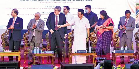 CM MK Stalin laying the foundation stone for a combined court complex at an event in Chennai on Sunday in the presence of SC and HC judges | Ashwin Prasath