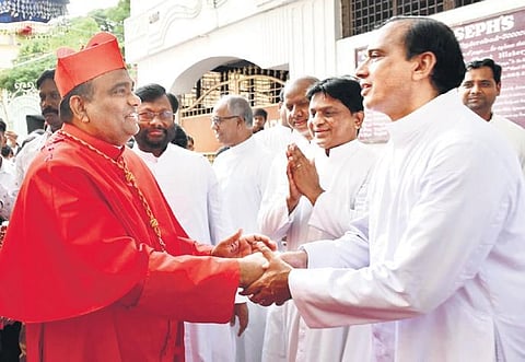 Priests greet Cardinal Poola Anthony at St Joseph’s Cathedral, Gunfoundry in Hyderabad on Sunday | Jwala
