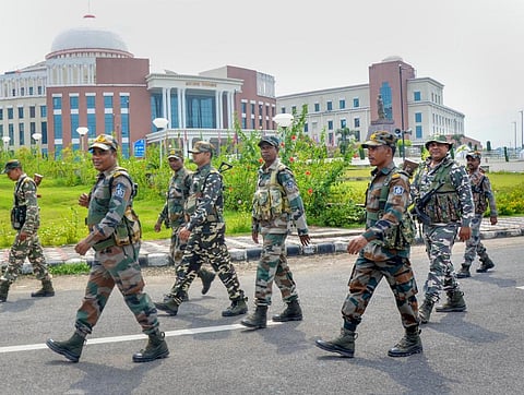 Security personnel arrive for their deployment at the Jharkhand Assembly on the eve of the floor-test by United Progressive Alliance (UPA), in Ranchi. (Photo | PTI)
