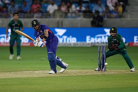 India's Virat Kohli plays a shot during the T20 cricket match of Asia Cup between India and Pakistan, in Dubai. (Photo | PTI)
