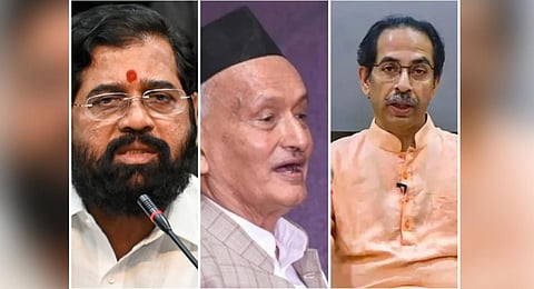 Maharashtra Chief Minister Eknath Shinde, Maharashtra Governor Bhagat Singh Koshyari, and former Chief Minister Uddhav Thackeray. (File Photos | PTI)
