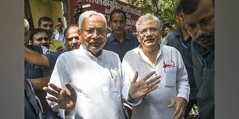 Bihar Chief Minister Nitish Kumar with CPI-M general secretary Sitaram Yechury in New Delhi on September 6, 2022. (Photo | PTI)