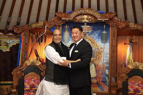 Defence Minister of India Rajnath Singh with President of Mongolia. (Photo | Twitter)