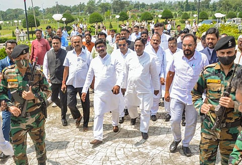 Jharkhand Chief Minister Hemant Soren along with United Progressive Alliance (UPA) MLAs arrives for the floor test in the State Assembly during a one-day special session, in Ranchi. (Photo | PTI)