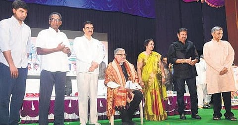 Actor and writer Tanikella Bharani being felicitated at a programme organised by the Lok Nayak Foundation in Visakhapatnam on Monday | express