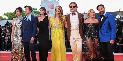 Gemma Chan, from left, Harry Styles, Sydney Chandler, director Olivia Wilde, Chris Pine, Florence Pugh and Nick Kroll at the premiere of the film 'Don't Worry Darling'. (Photo | AP)