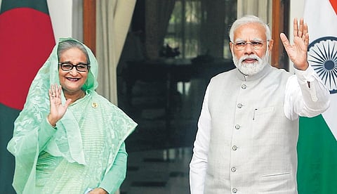 Prime Minister Narendra Modi with his Bangladeshi counterpart Sheikh Hasina in New Delhi on Tuesday. (Photo | Shekhar Yadav/EPS)