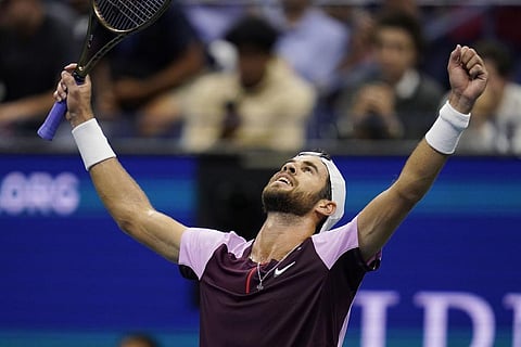 Karen Khachanov, of Russia, celebrates after defeating Nick Kyrgios, of Australia, during the quarterfinals of the U.S. Open tennis championships, Wednesday, Sept. 7, 2022, in New York. (Photo | AP)