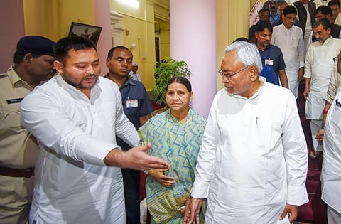Bihar Chief Minister Nitish Kumar along with Deputy CM Tejashwi Yadav and RJD leader Rabri Devi during special session of Bihar Legislative Assembly. (Photo | PTI)