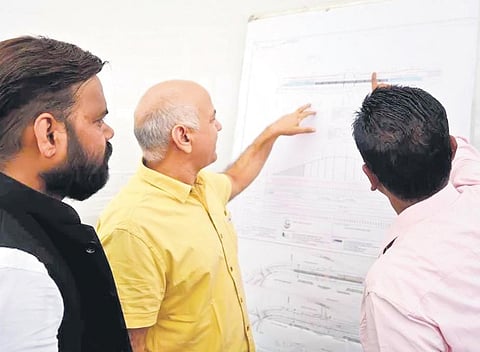 Manish Sisodia lays foundation stone of the flyover on Tuesday. (Photo | Express)