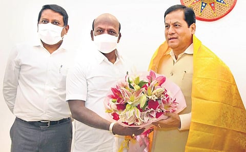 Health Minister Ma Subramanian along with Tamil Nadu Health Secretary P Senthilkumar also met AYUSH Minister Sarbananda Sonowal on Tuesday | Express
