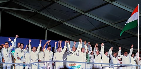 Rahul Gandhi and other senior Congress leaders during the launch of 'Bharat Jodo Yatra', in Kanyakumari, Wednesday. (Photo | PTI)