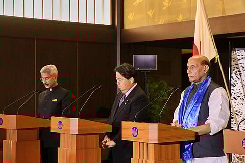Defence Minister Rajnath Singh, External Affairs Minister S Jaishankar and Japan Minister of Foreign Affairs Yoshimasa Hayashi during a joint press statement in Tokyo. (Handout photo | Defence)