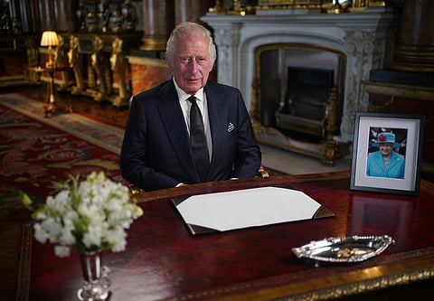Britain's King Charles III makes a televised address to the Nation and the Commonwealth from the Blue Drawing Room at Buckingham Palace in London on Friday. (Photo | AFP)