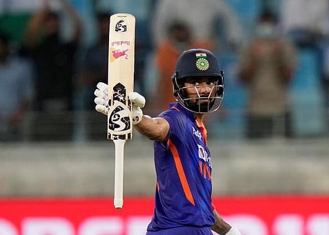 India's KL Rahul celebrates scoring fifty runs during the T20 cricket match of Asia Cup between India and Afghanistan, in Dubai. (Photo | PTI)