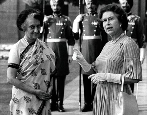 In this Nov. 17, 1983 file photo, Britain's Queen Elizabeth II, right, gestures as she talks to Indian Prime Minister, Indira Gandhi. (Photo | AP)