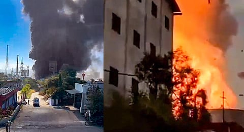 Massive fire that broke out in a factory in Mundegaon village in Nashik, on Jan 1, 2023. (Photos | PTI)