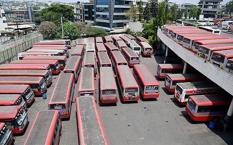 KSRTC buses parked at Mysuru road Satellite Bus stand during the BMTC and KSRTC bus workers' indefinite strike in Bengaluru; Image used for representative purposes only