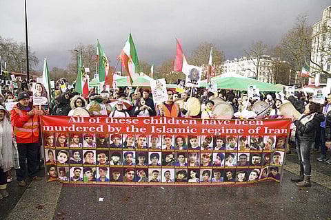 Protesters rally against the Islamic Republic in Iran following the death of Mahsa Amini, in London, on January 8, 2023. (Photo | AP)