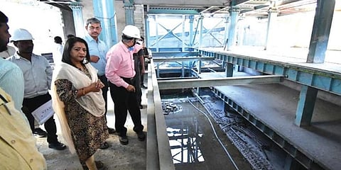 Hyderabad Mayor Gadwal Vijayalaxmi inspects the ongoing works on the multi-level parking complex at Nampally on Monday