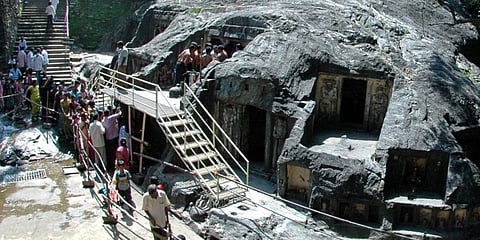 Naturally carved Kalabhairava and other temples in the caves of a single rock at Bhairavakona in the dense Nallamala Reserve forest of Prakasam district.(File | Express)