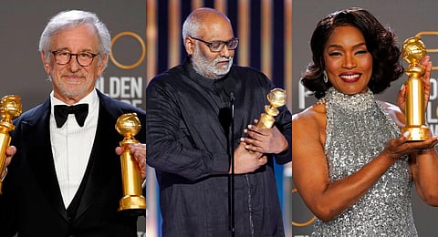 Golden Globe winners Steven Spielberg, MM Keeravani and Angela Bassett. (Photos | AP)