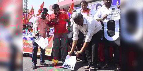 CITU staged a protest in Visakhapatnam on Tuesday demanding the government to cancel GO No. 1. (Express Photo | G Satyanarayana)