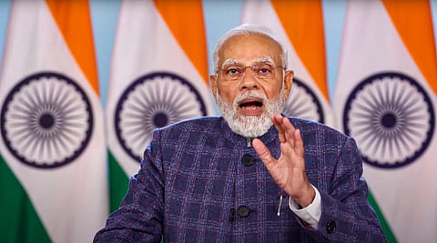 PM Narendra Modi addresses Madhya Pradesh Global Investors Summit 2023, via video conferencing, in New Delhi, Jan. 11, 2023. (Photo | AP)