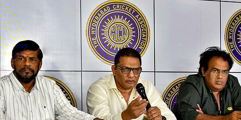 HCA President and former cricket captain Mohammad Azharuddin addresses a press conference ahead of the One Day International cricket match between India and New Zealand, in Hyderabad. (Photo | PTI)