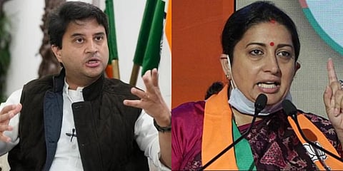 Ministers Smriti Irani and Jyotiraditya Scindia (Photo | PTI, EPS)