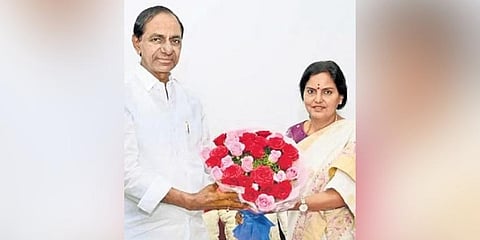 New Chief Secretary A Santhi Kumari meets Chief Minister K Chandrasekhar Rao at Pragathi Bhavan in Hyderabad on Wednesday.
